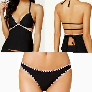 NWT XS Hula Honey Shell-Stitch Cutout Black Halter Tankini Top Bottoms Set